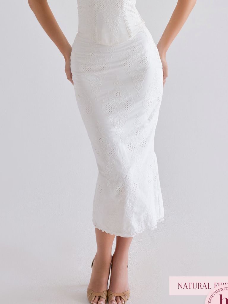 House Of Cb White Cotton Broderie Anglaise Midi Skirt